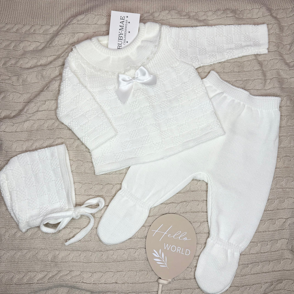 White Bow Knitted Jumper & Pants With Matching Hat - Ava