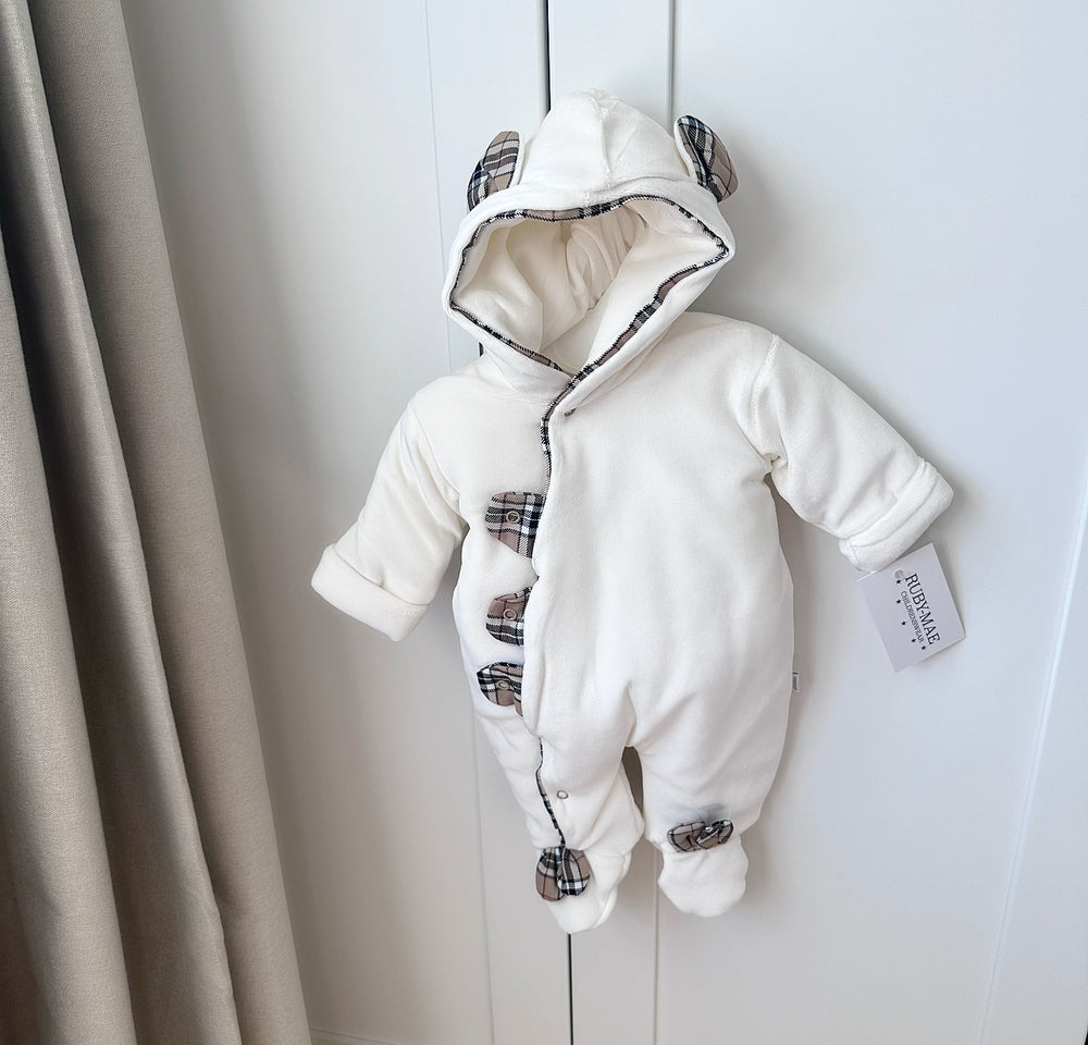 Cream With Beige Check Soft Snowsuit