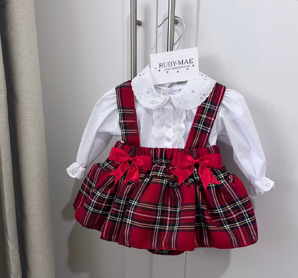Red Tartan Dungaree Skirt With Matching Blouse - Helena
