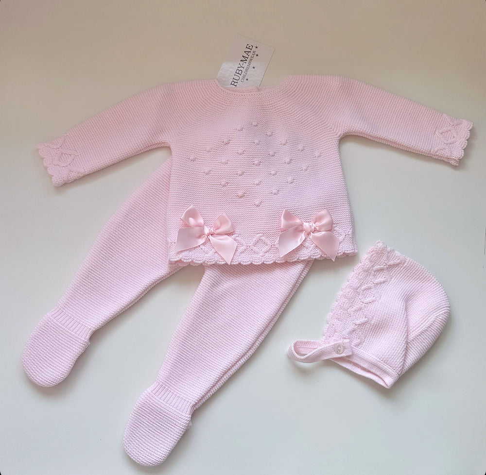 Baby Pink Bow Knitted Jumper And Pants Outfit With Matching Hat - Elisha