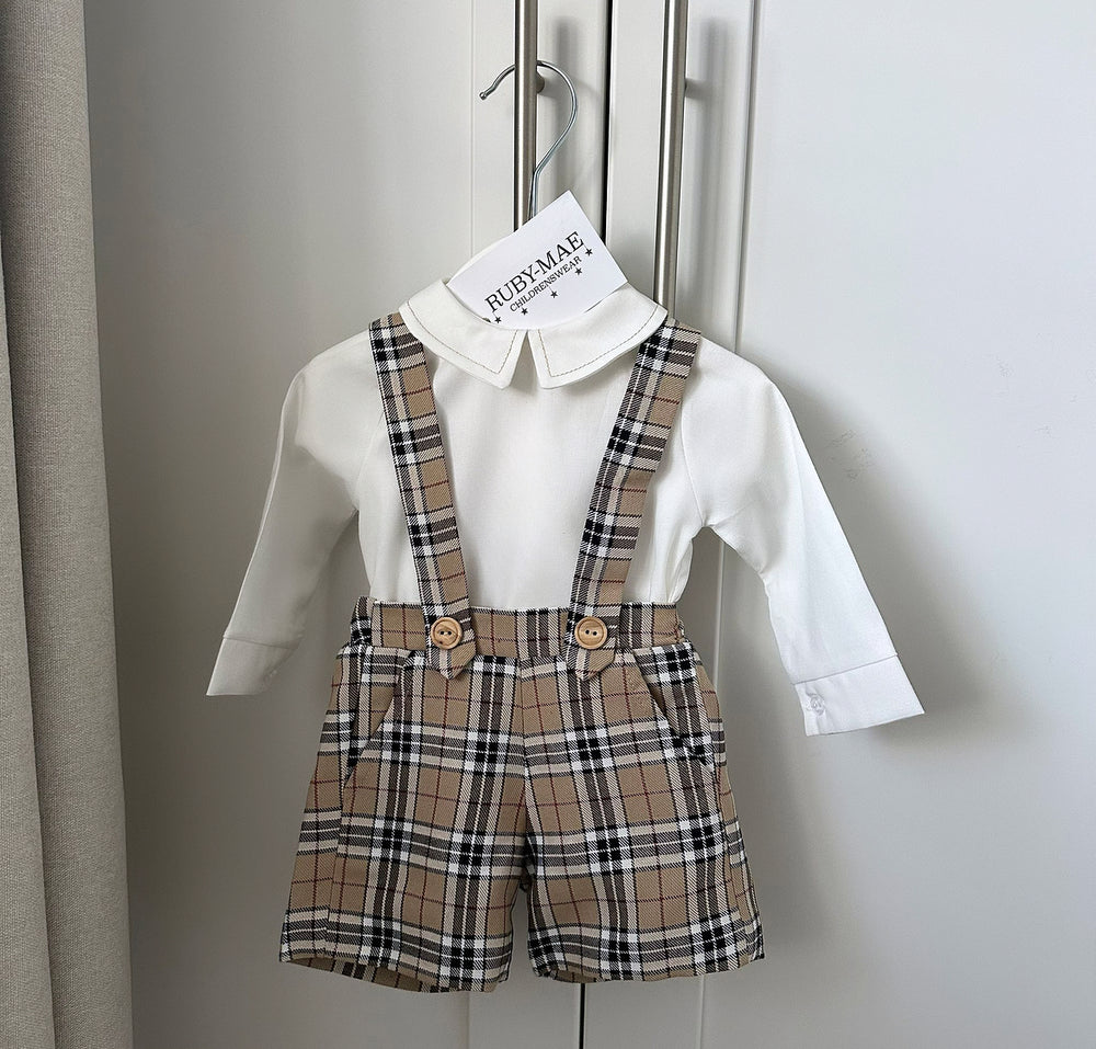 Beige Tartan Dungaree Shorts With Matching Shirt - Elvis