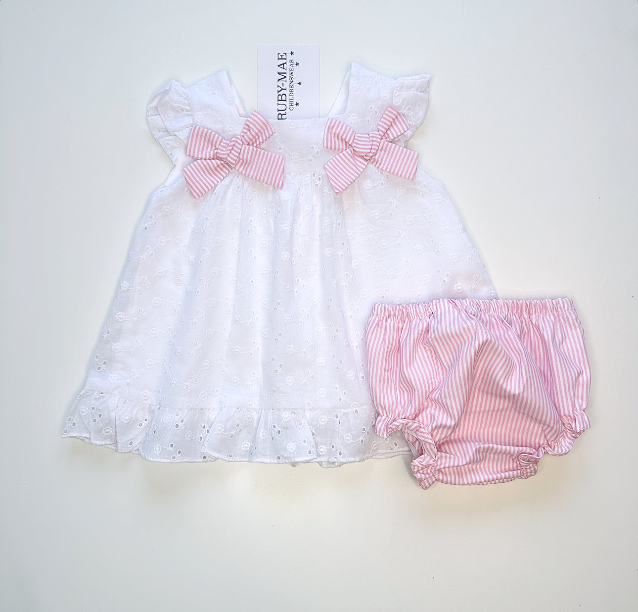 
                  
                    White Dress With Matching Pink & White Stripe Knickers - Harlow
                  
                