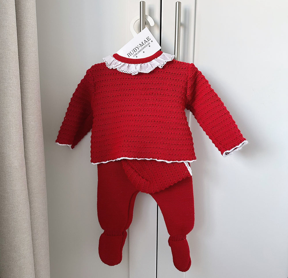 Red Knitted Jumper & Pants Outfit With Matching Hat - Jolie