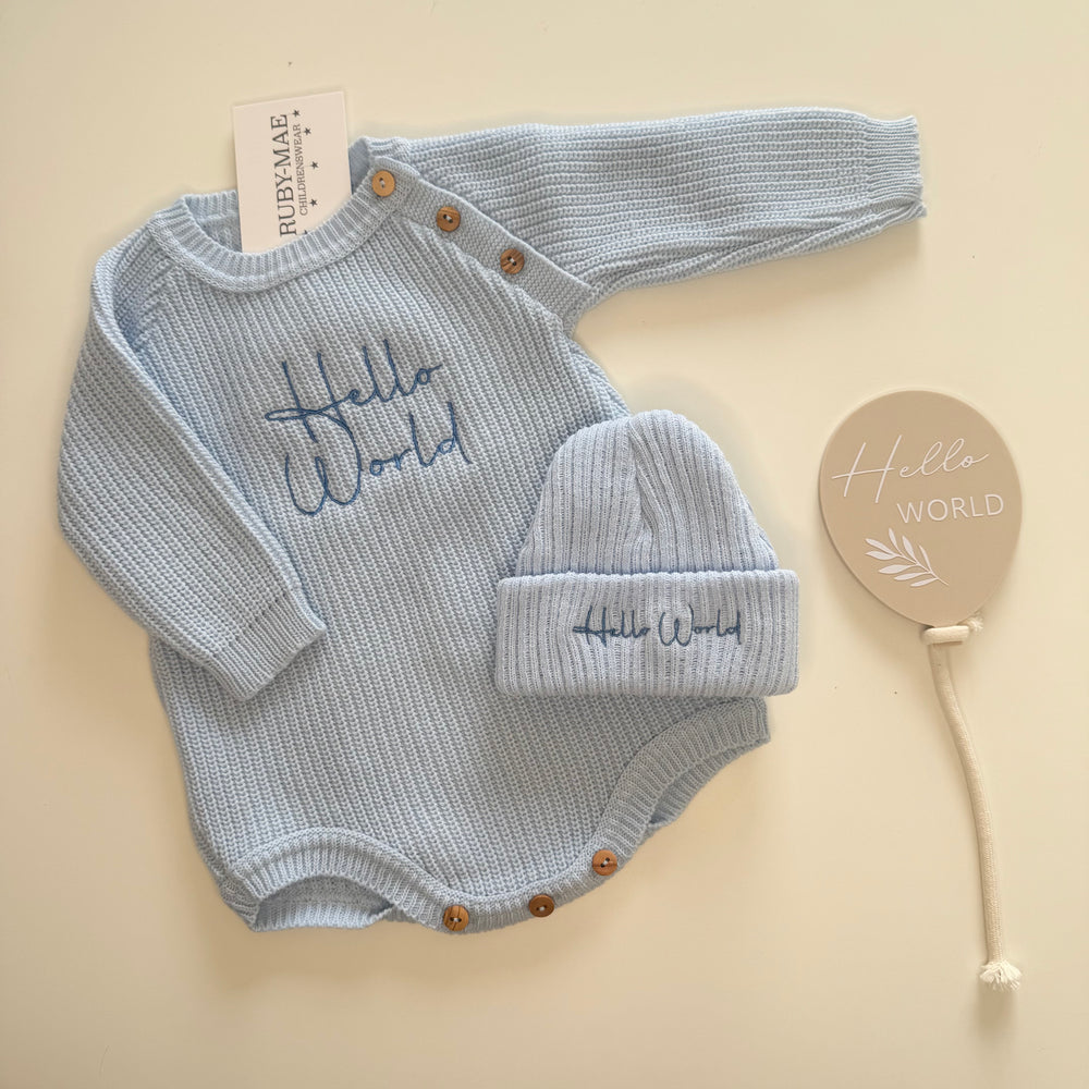 Blue Knitted Hello World Romper & Matching Hat