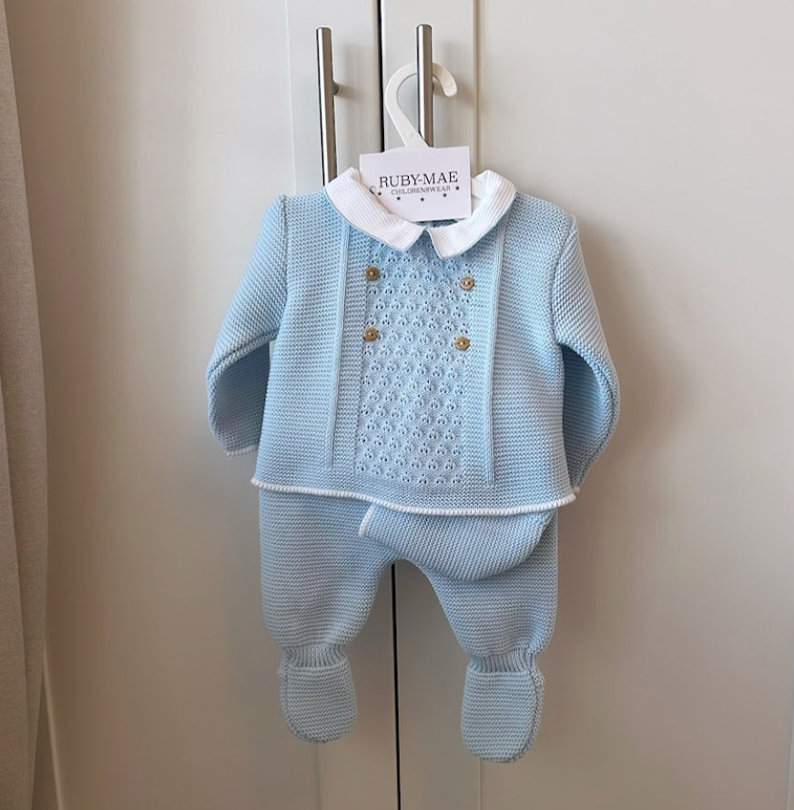 Blue Knitted Button Jumper & Pants Outfit - Joseph