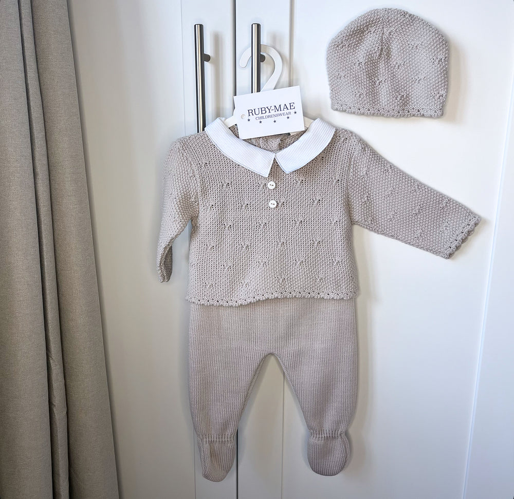 Taupe Knitted Jumper With Matching Pants & Hat - Declan