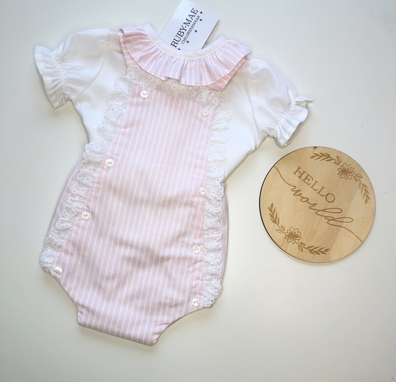 
                  
                    Pink And White Stripe Ruffle Dungaree Outfit - Adelaide
                  
                