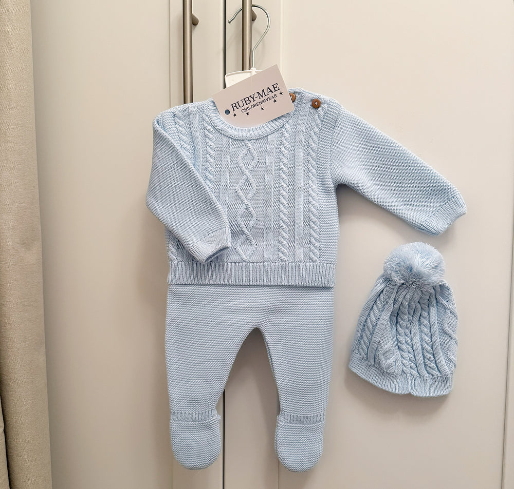 Blue Knitted Jumper And Pants Outfit With Matching Hat - Troy