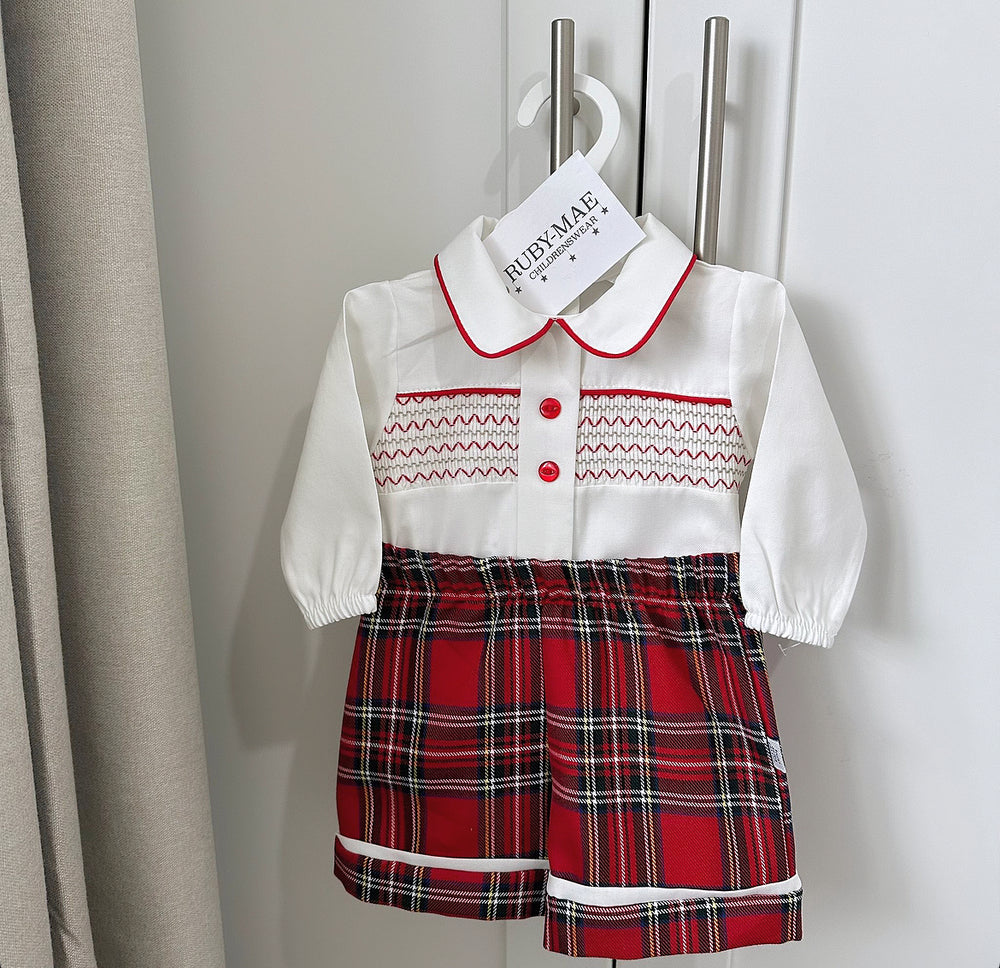 Red Tartan & White Smock Two Piece Outfit - Theo