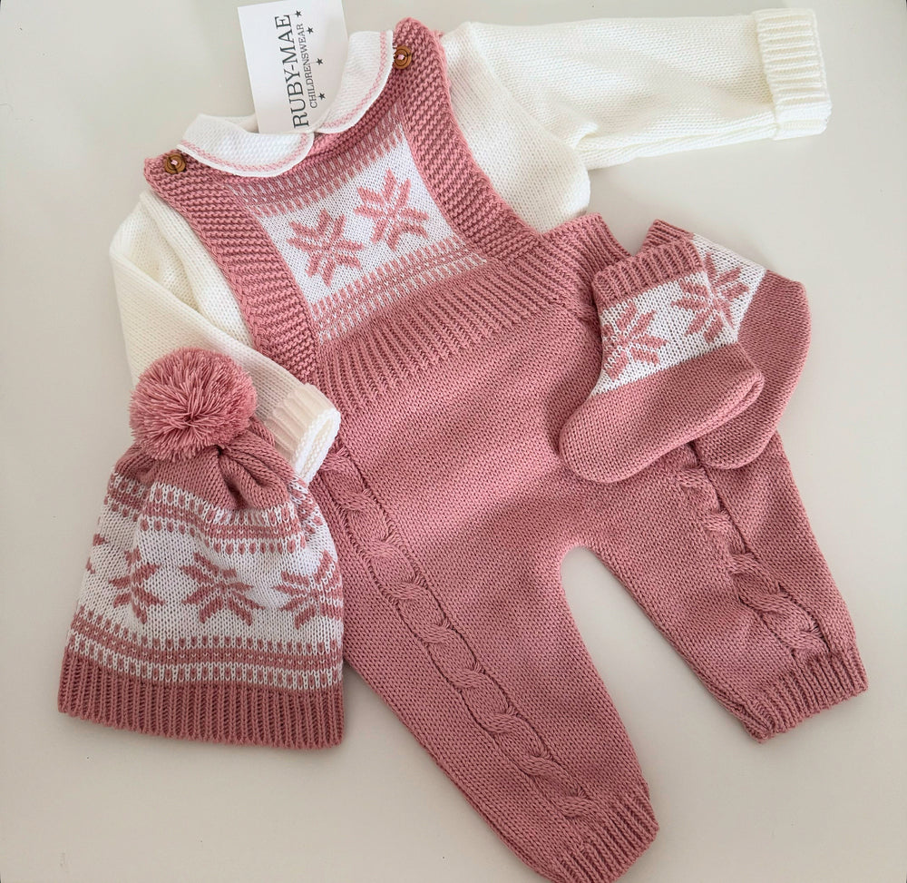 Dusky Pink Snowflake Knitted Dungaree With Jumper & Matching Booties & Hat - Tillie