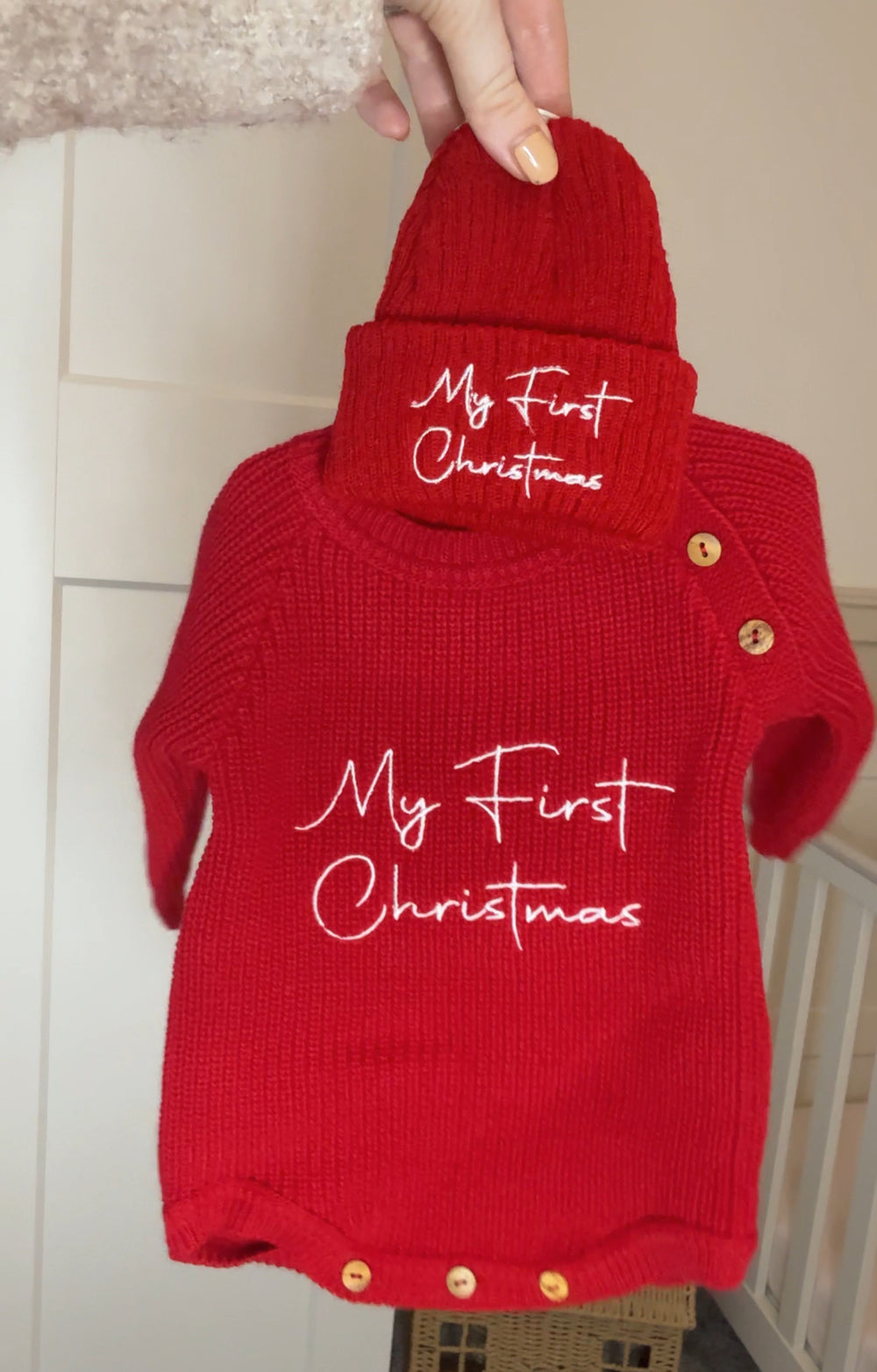 My First Christmas Red Knitted Romper & Matching Hat