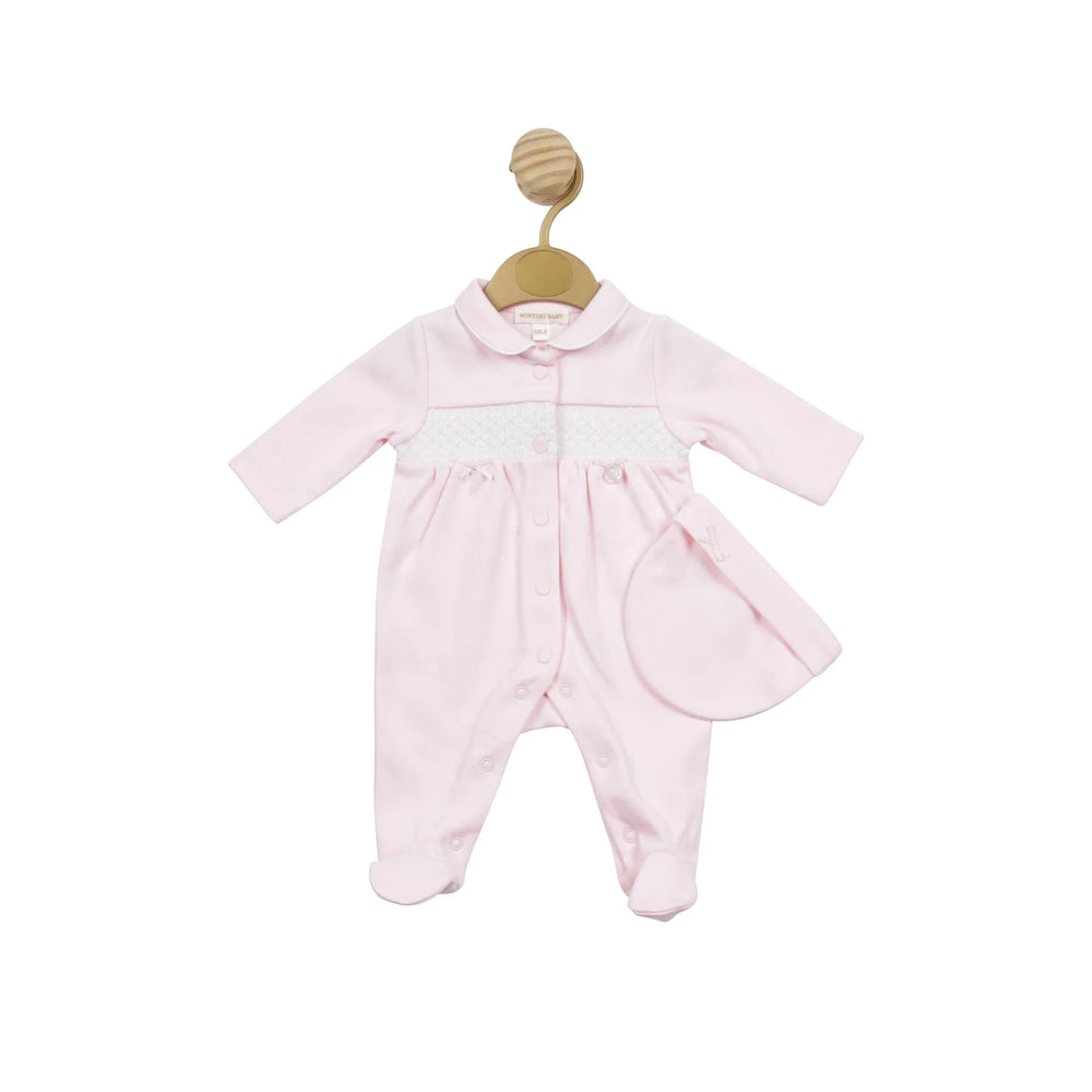 TINY BABY - Mintini Baby Pink Smock Babygrow With Matching Hat