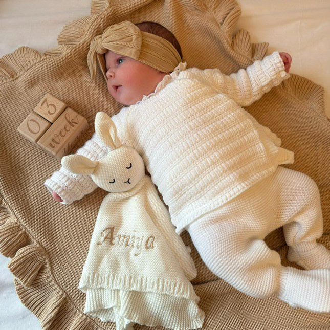 White Knitted Jumper & Pants Outfit With Matching Hat - Amelia