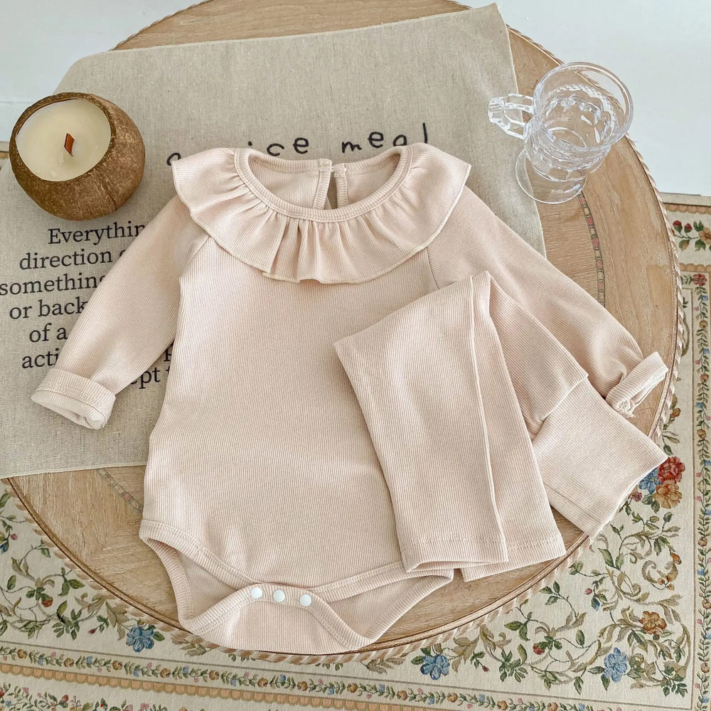 Beige Ribbed Frill Bodysuit With Matching Leggings - Chloe (pre-order)