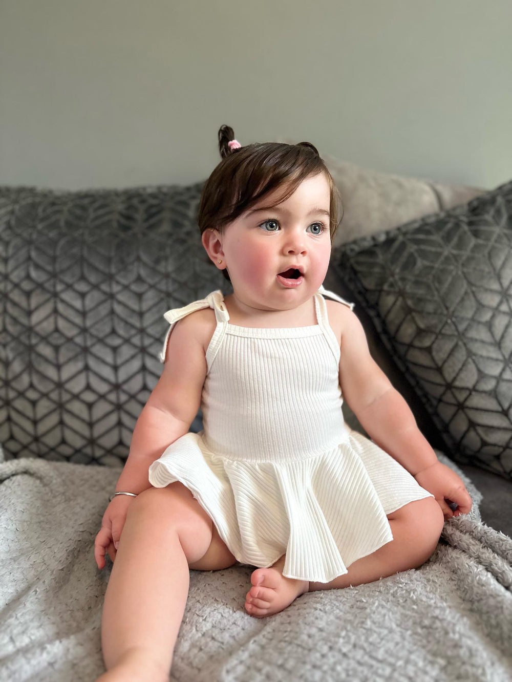 White Ribbed Romper With Attached Skirt & Matching Headband Millie