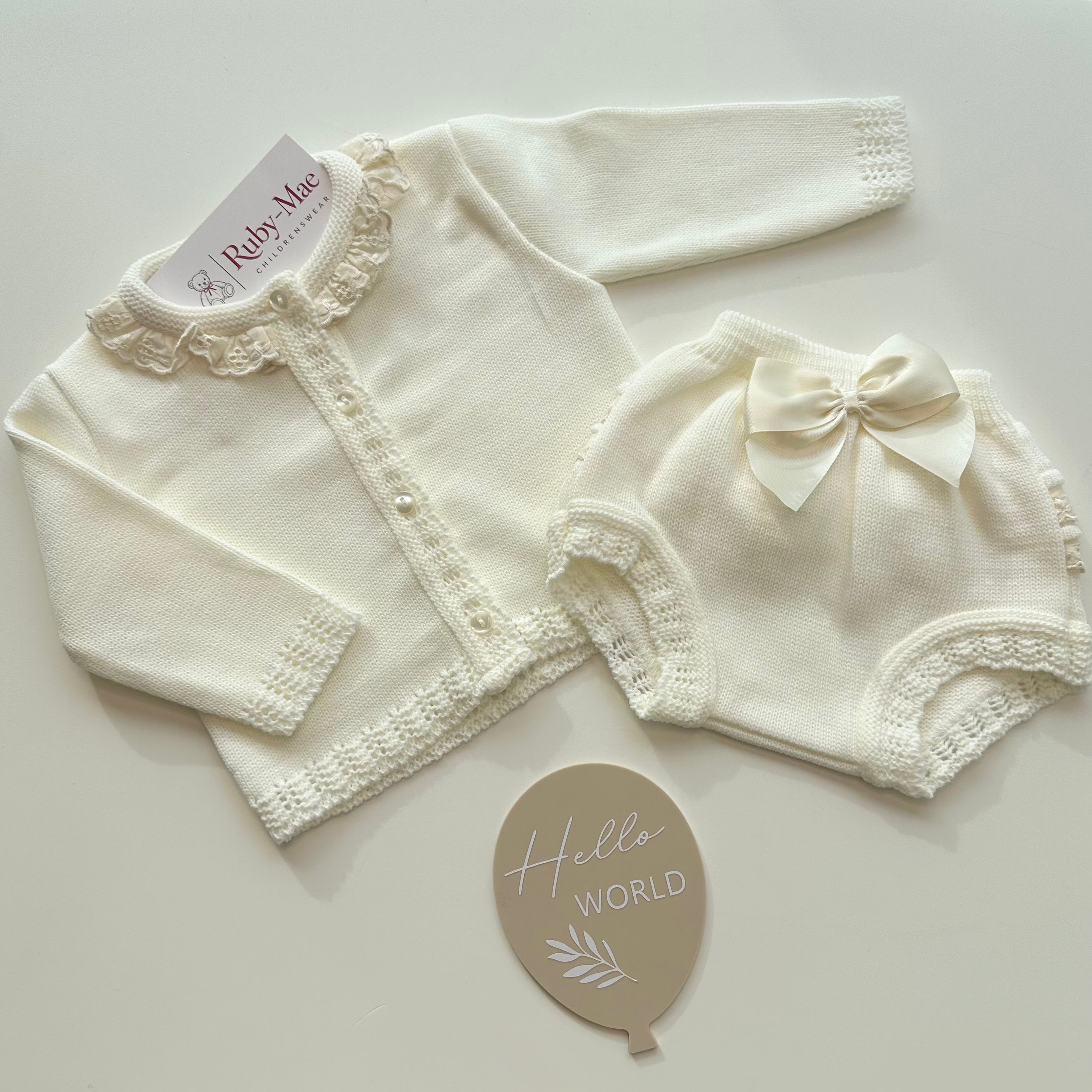 
                  
                    Baby Girls Cream Knitted Cardigan & Satin Bow Knickers Set - Penelope
                  
                