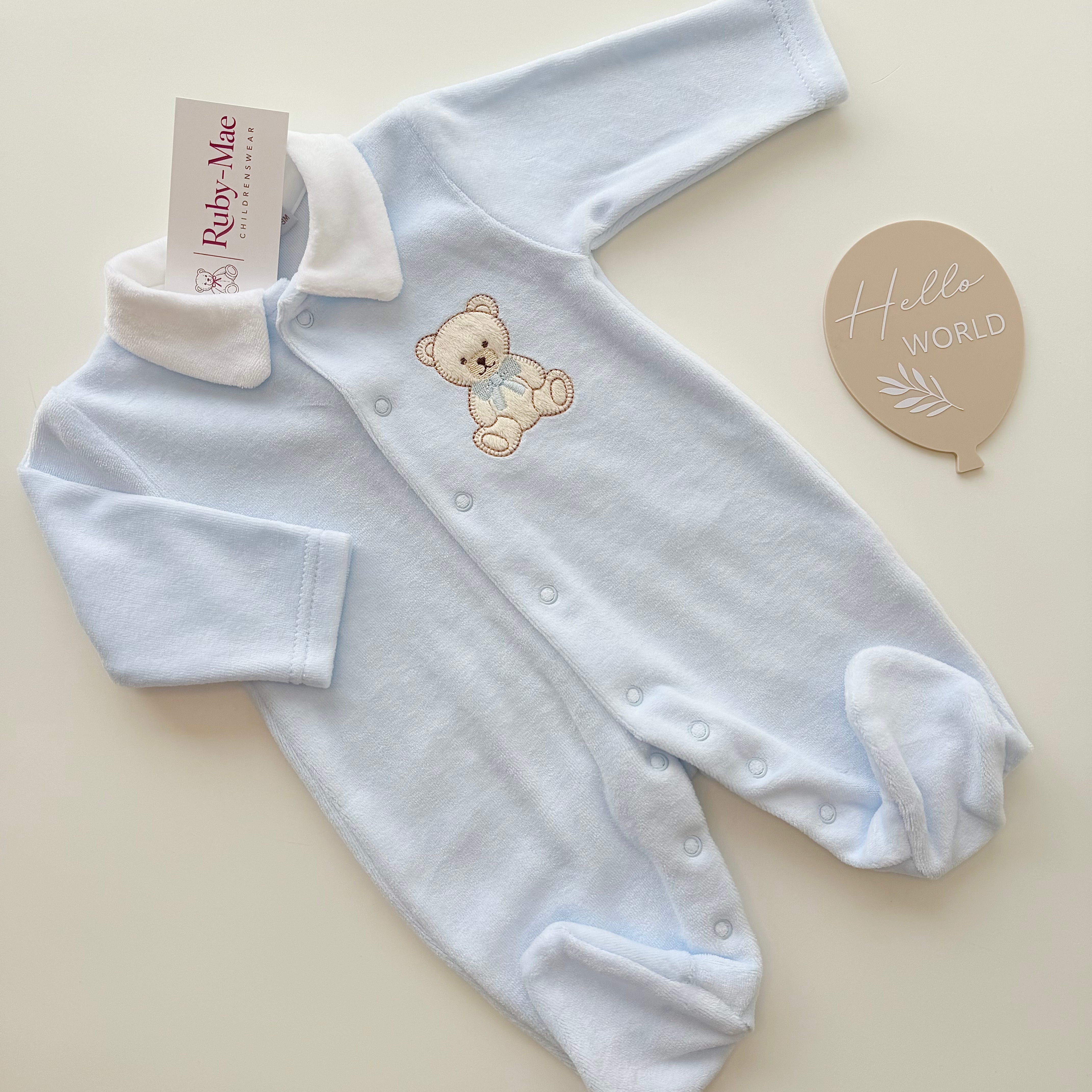 
                  
                    Baby Boys Blue Teddy Bear Velour Sleepsuit
                  
                