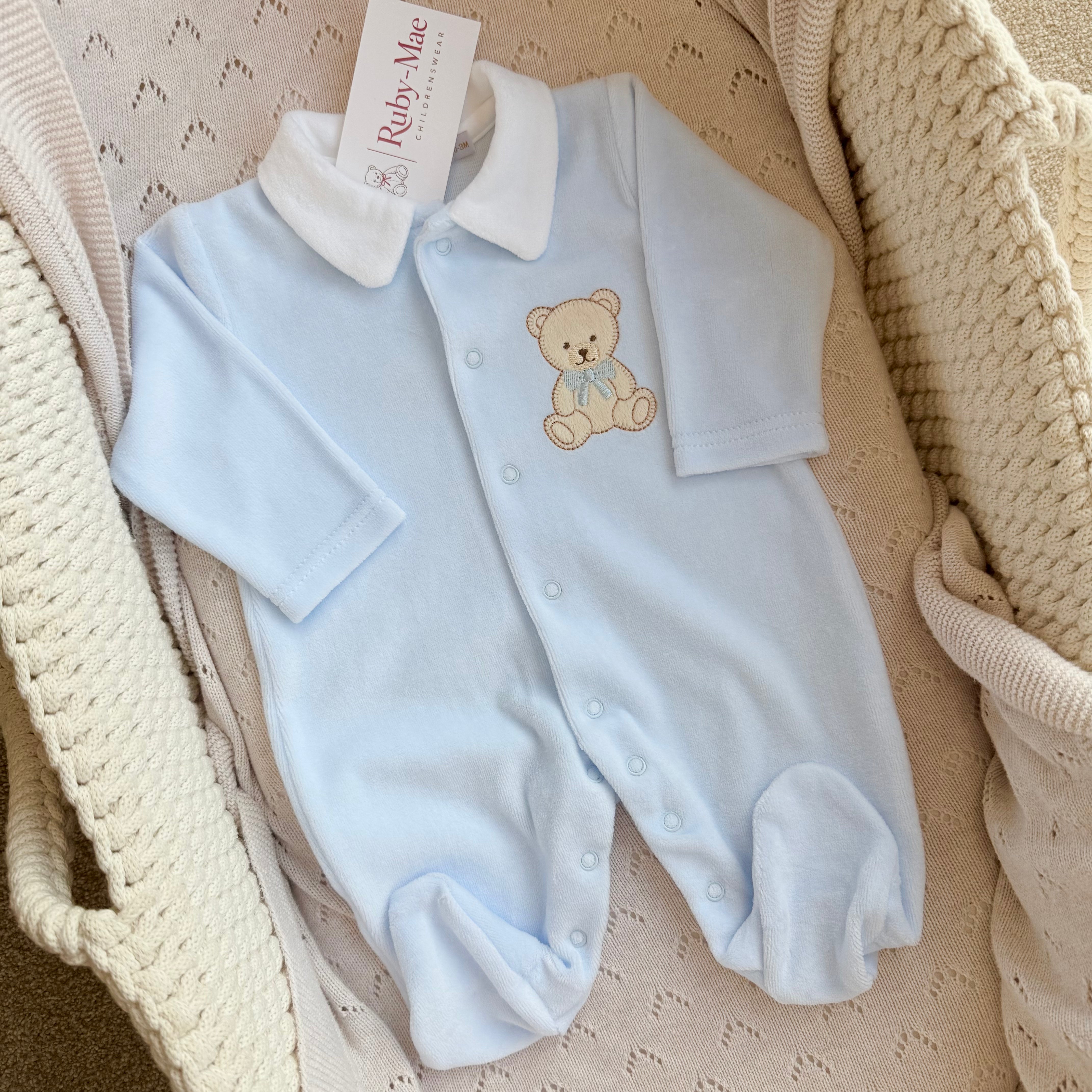 
                  
                    Baby Boys Blue Teddy Bear Velour Sleepsuit
                  
                