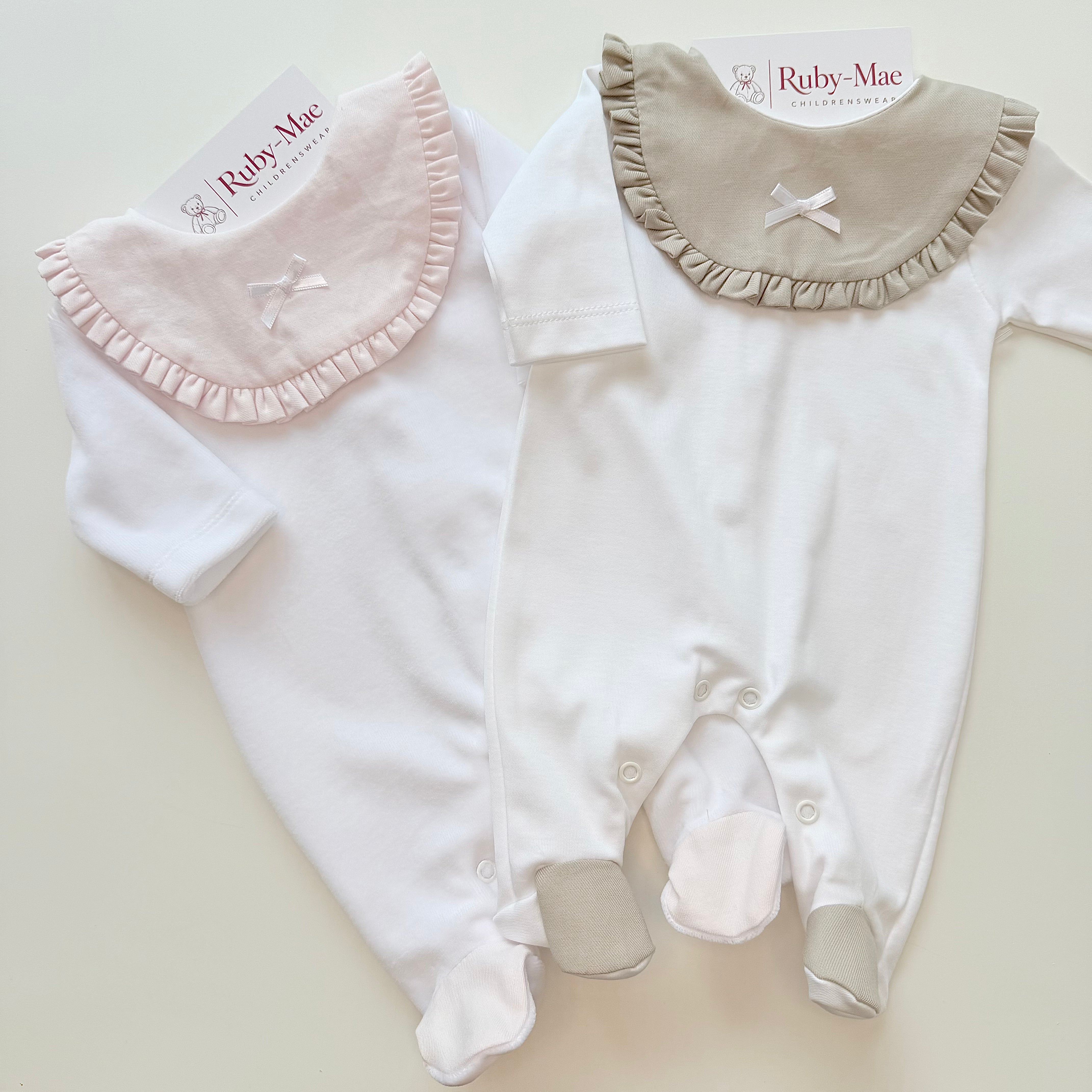 
                  
                    White & Blush Pink Cotton Velour Frill Collar Sleepsuit
                  
                