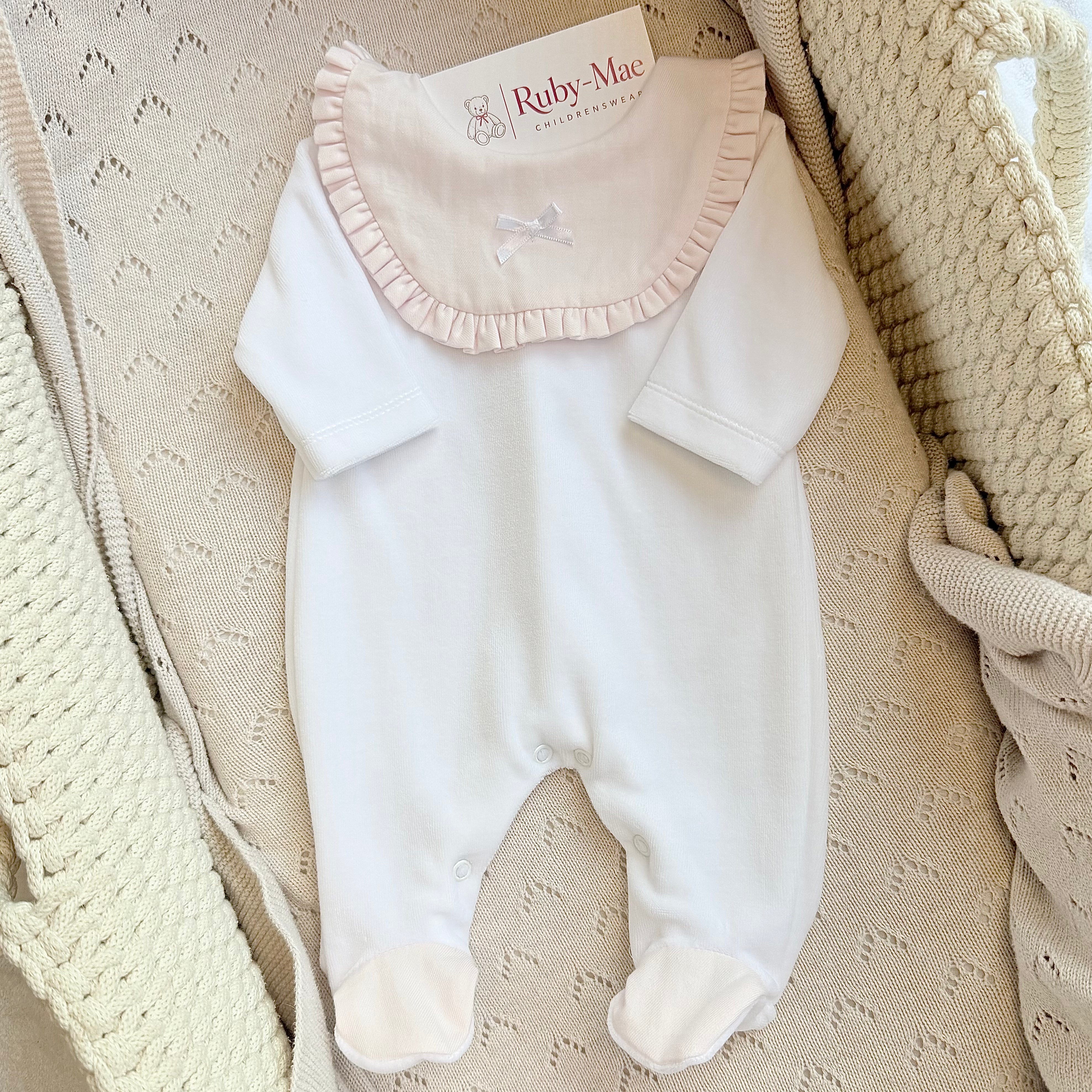 
                  
                    White & Blush Pink Cotton Velour Frill Collar Sleepsuit
                  
                