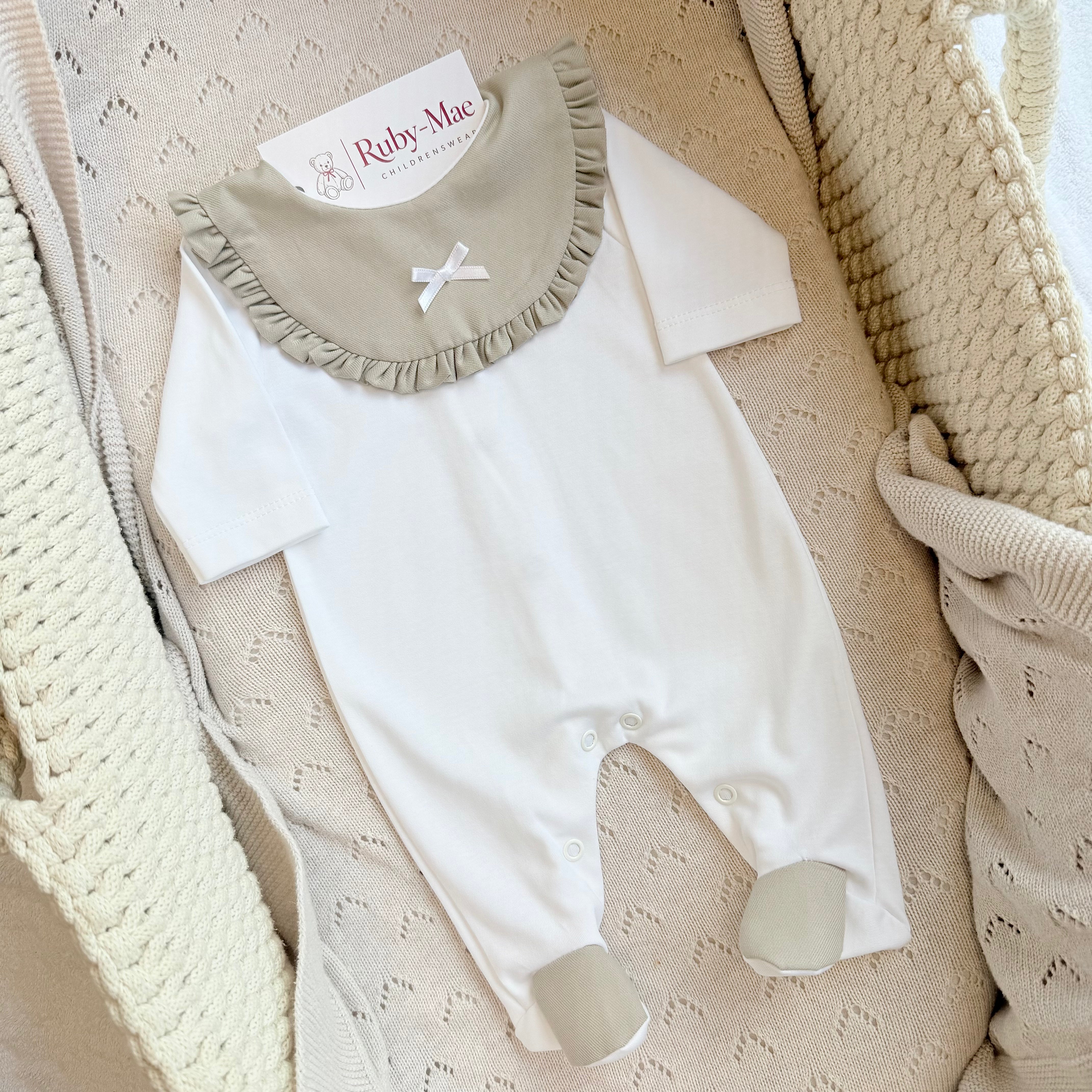 
                  
                    White & Taupe Cotton Frill Collar Baby Sleepsuit
                  
                