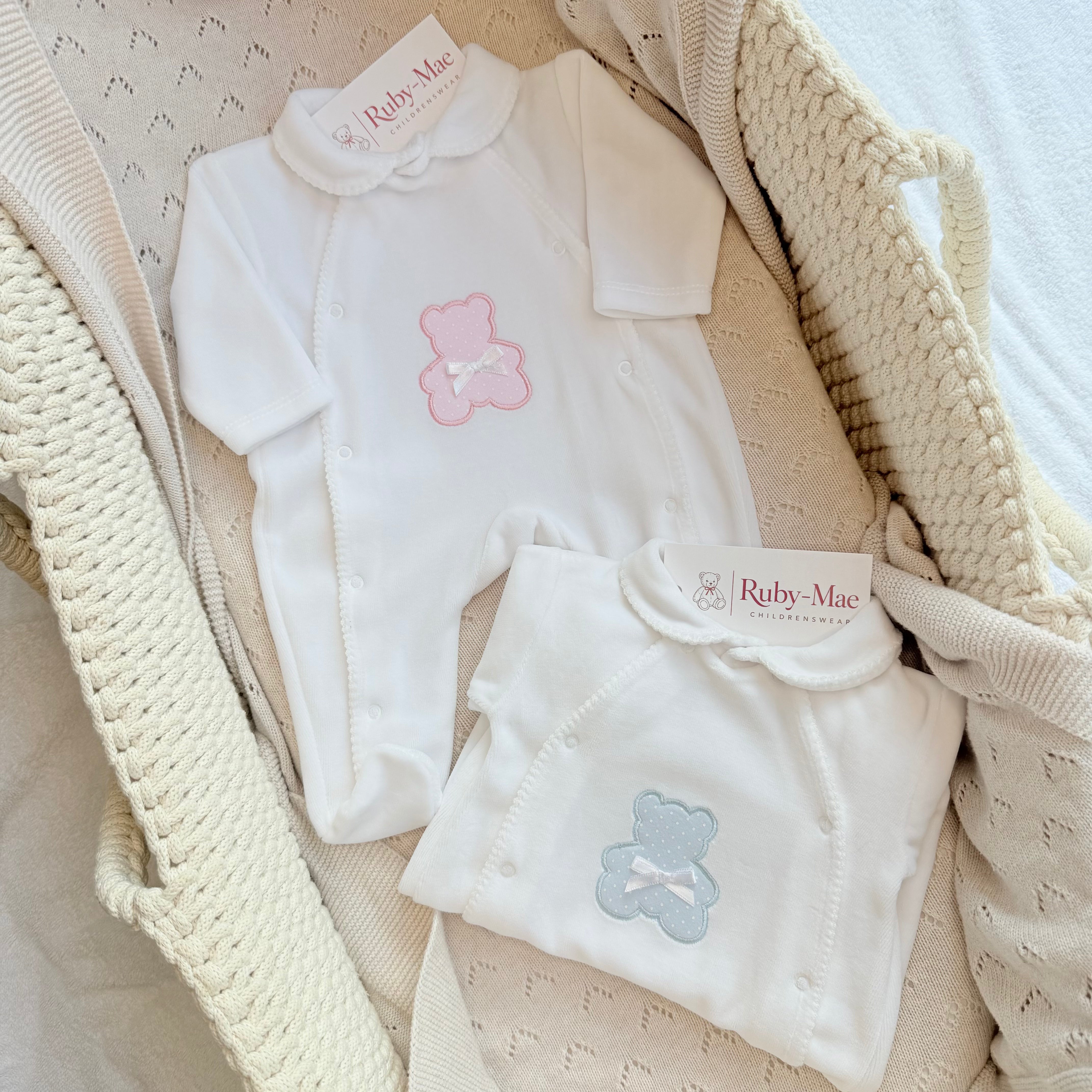 
                  
                    Baby Boys Blue Teddy Bear Velour Sleepsuit
                  
                