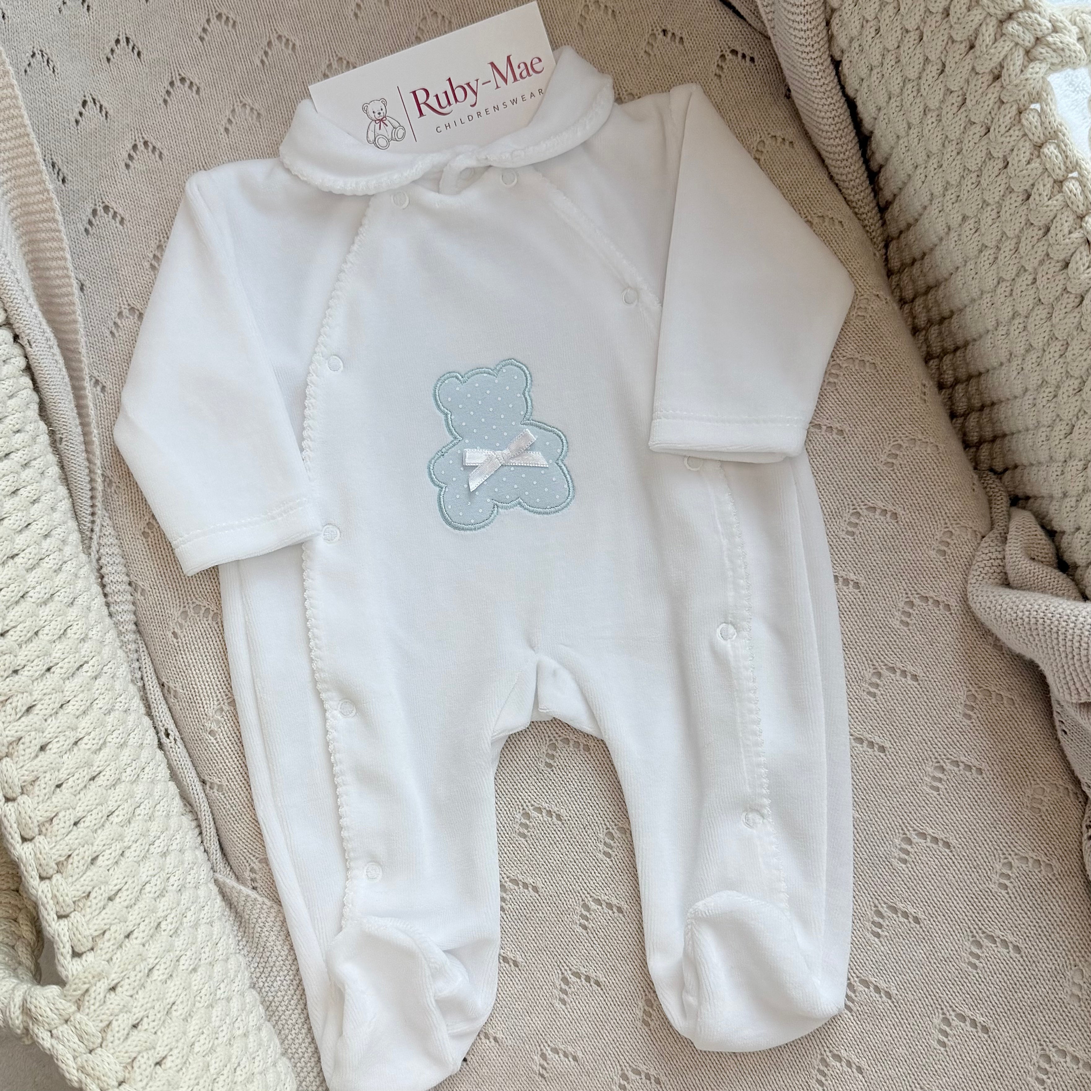 
                  
                    Baby Boys Blue Teddy Bear Velour Sleepsuit
                  
                