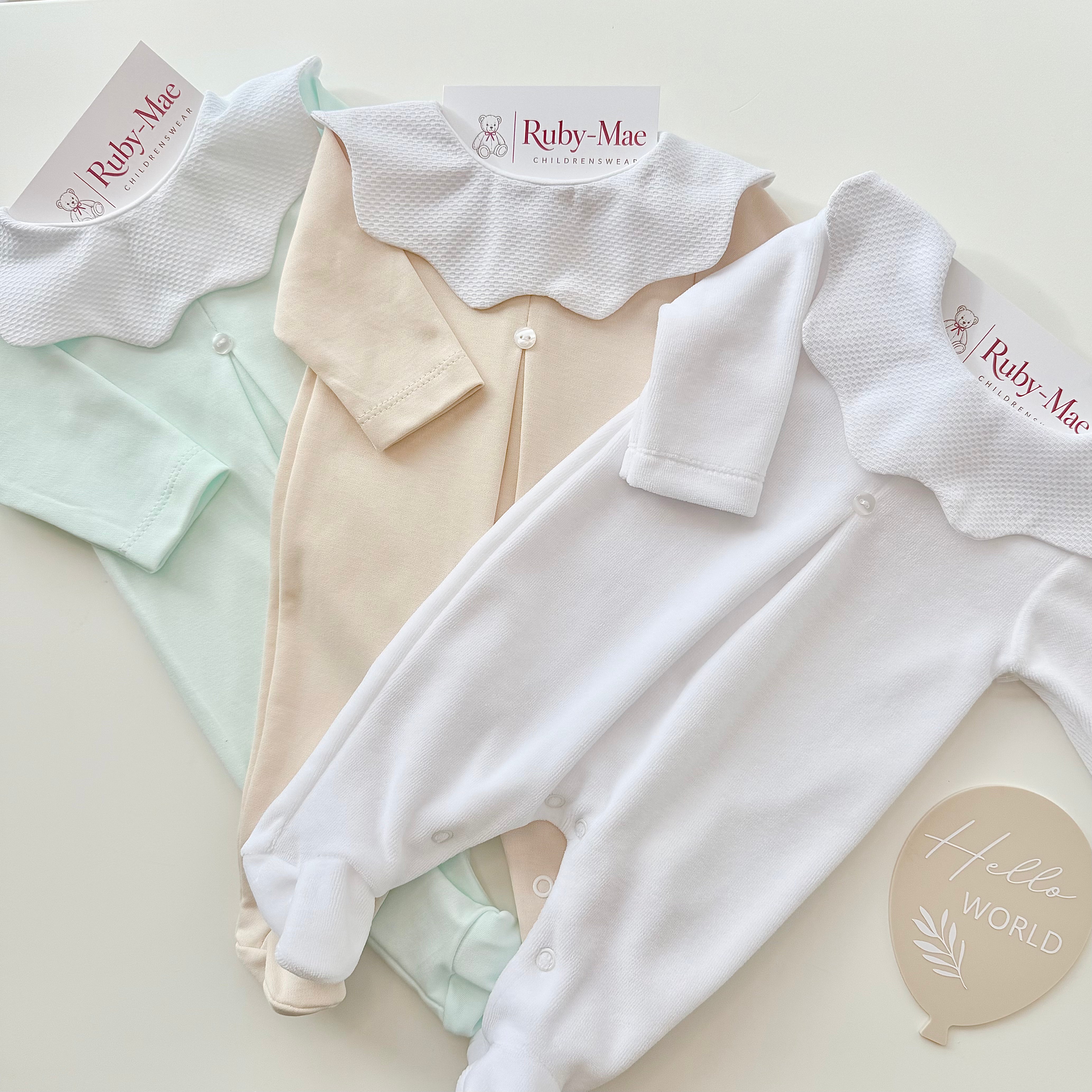 
                  
                    Baby Scalloped Collar Cotton Sleepsuit – Mint & Beige
                  
                