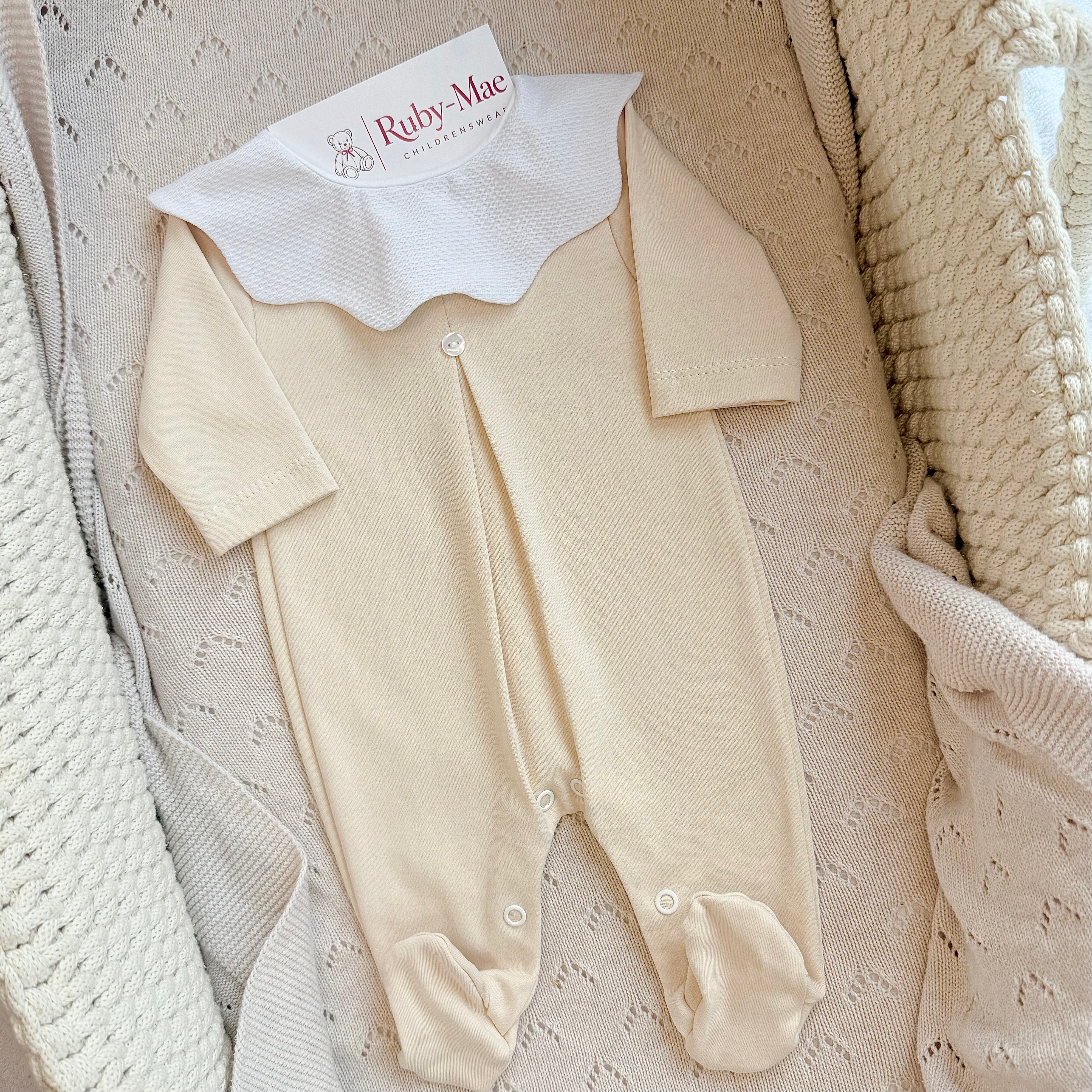 
                  
                    Baby Scalloped Collar Cotton Sleepsuit – Mint & Beige
                  
                