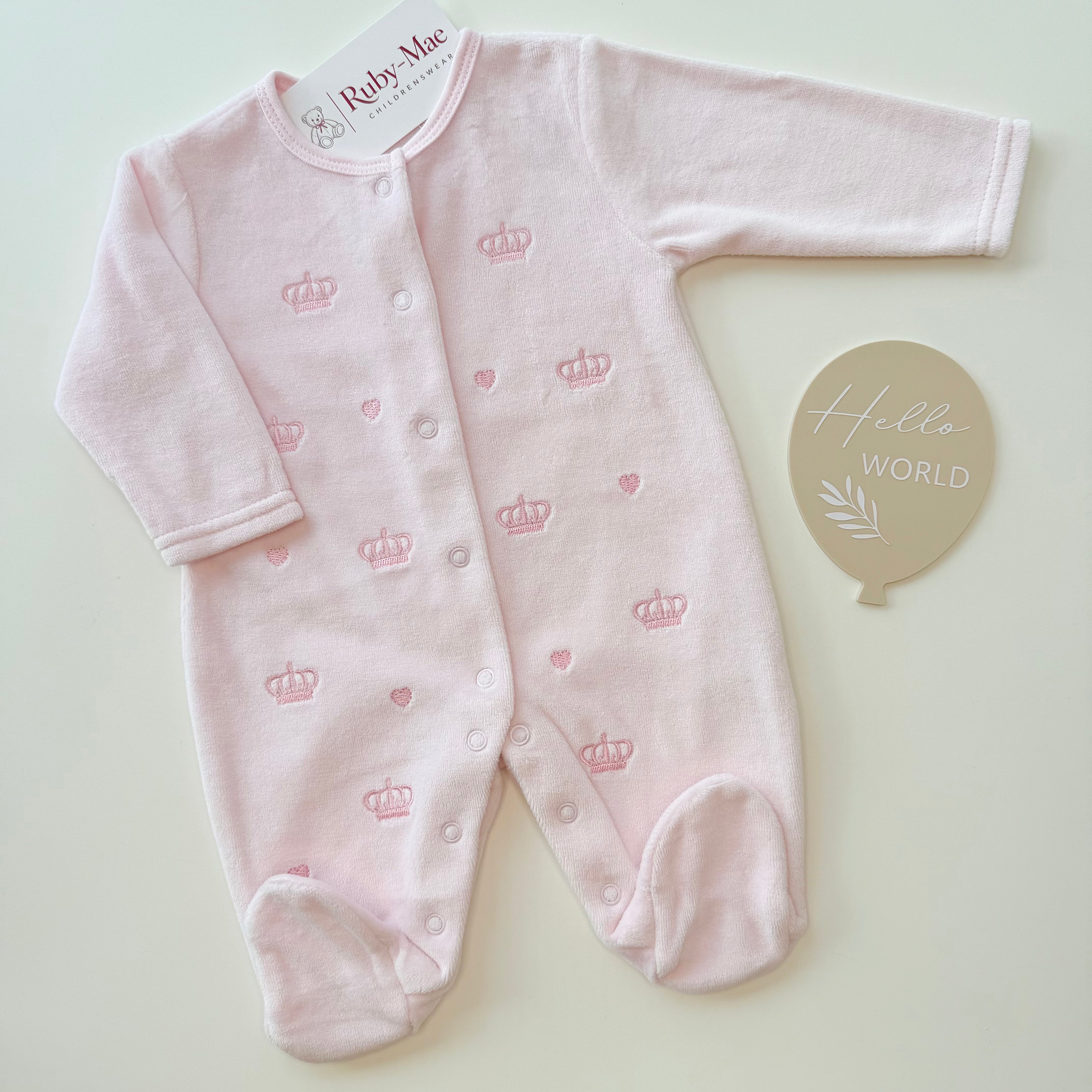 
                  
                    Pink Cotton Velour Baby Girl Sleepsuit with Crown & Heart Embroidery
                  
                