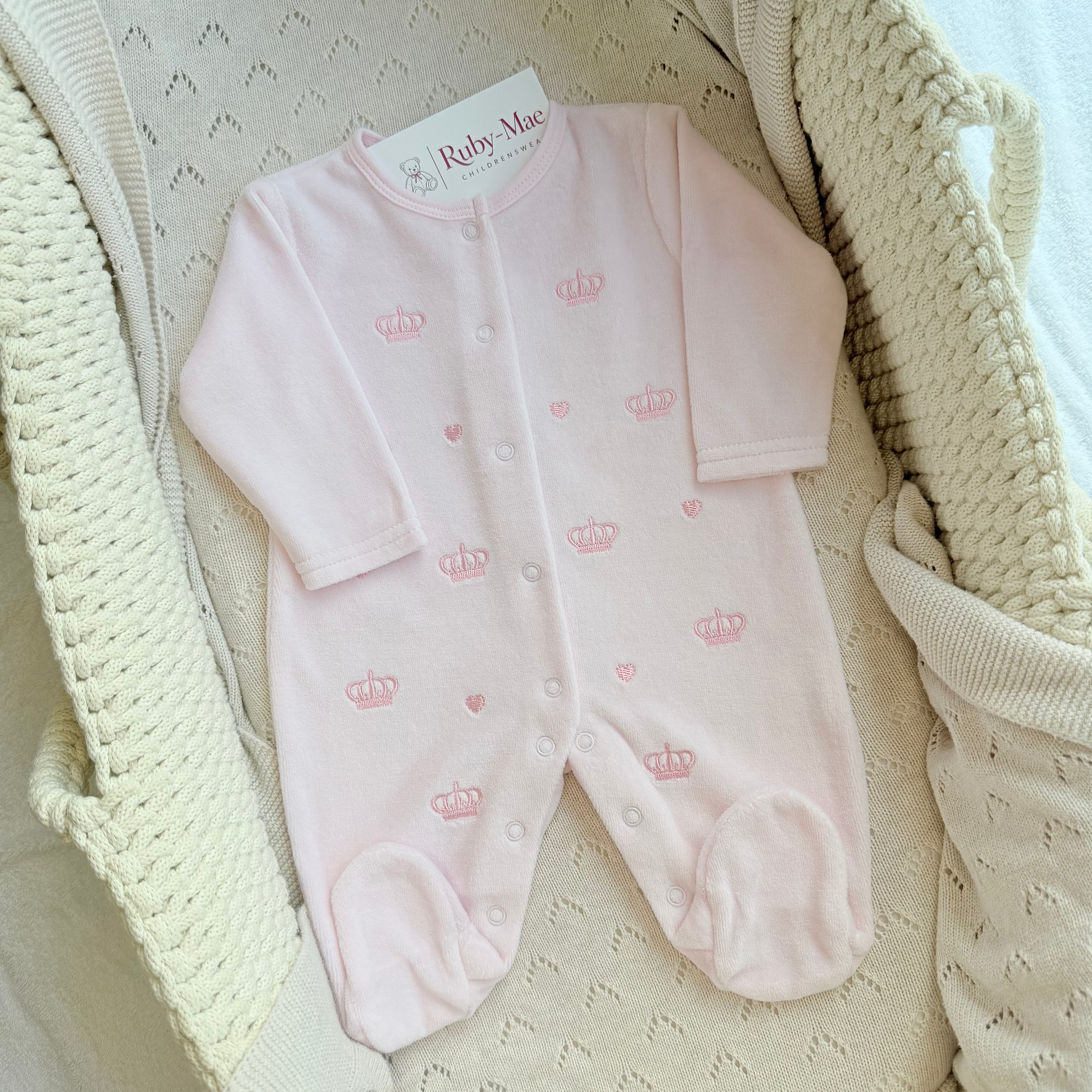 
                  
                    Pink Cotton Velour Baby Girl Sleepsuit with Crown & Heart Embroidery
                  
                
