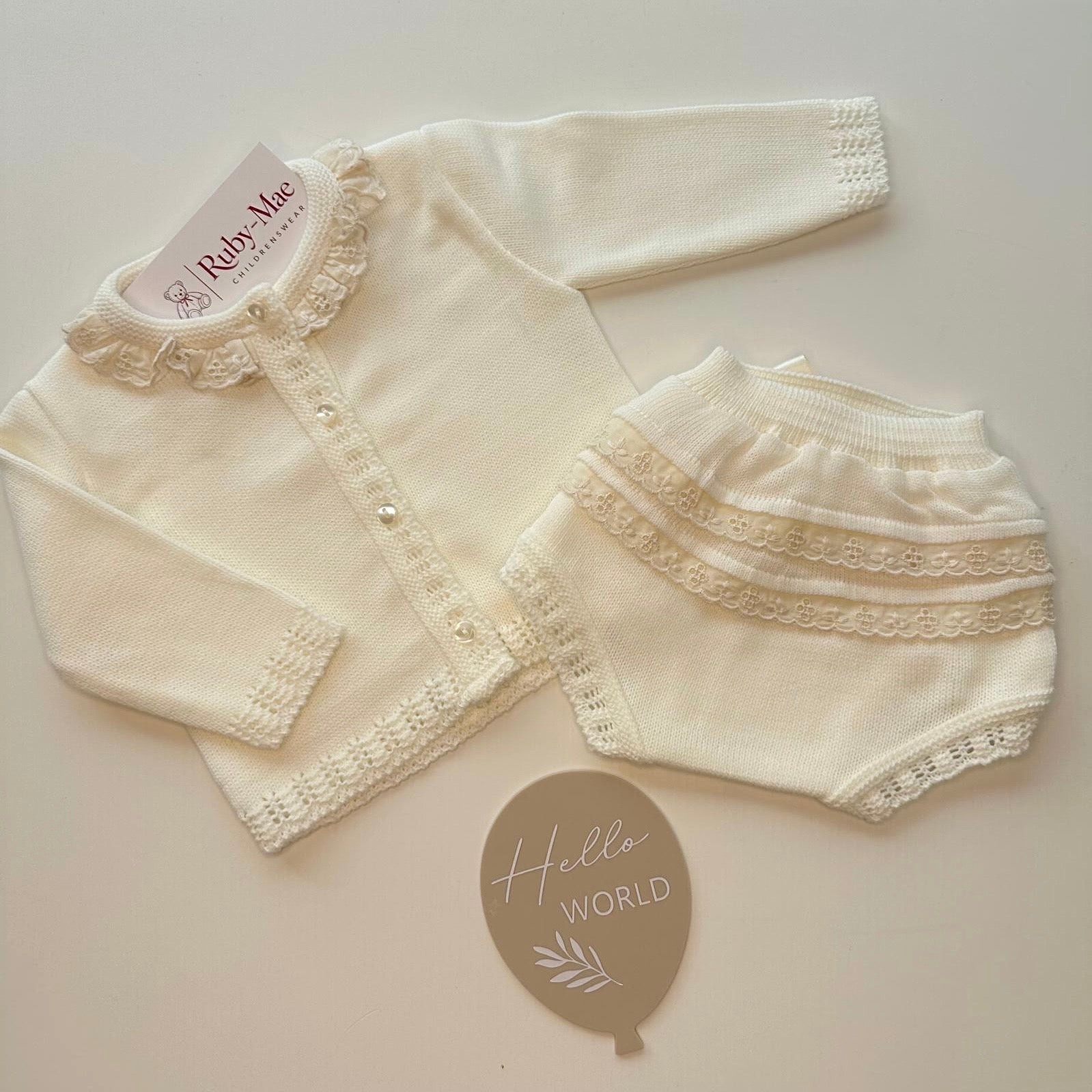 
                  
                    Baby Girls Cream Knitted Cardigan & Satin Bow Knickers Set - Penelope
                  
                