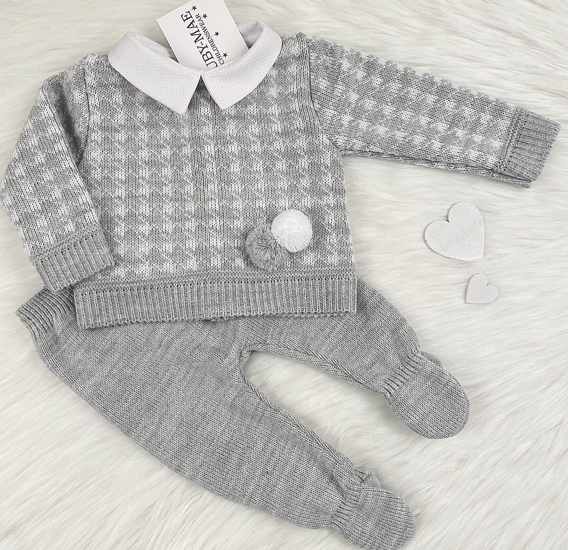 
                  
                    Grey & White Dog Tooth Pom Pom Knitted Two Piece Set - Fred - Ruby-Mae Childrenswear
                  
                