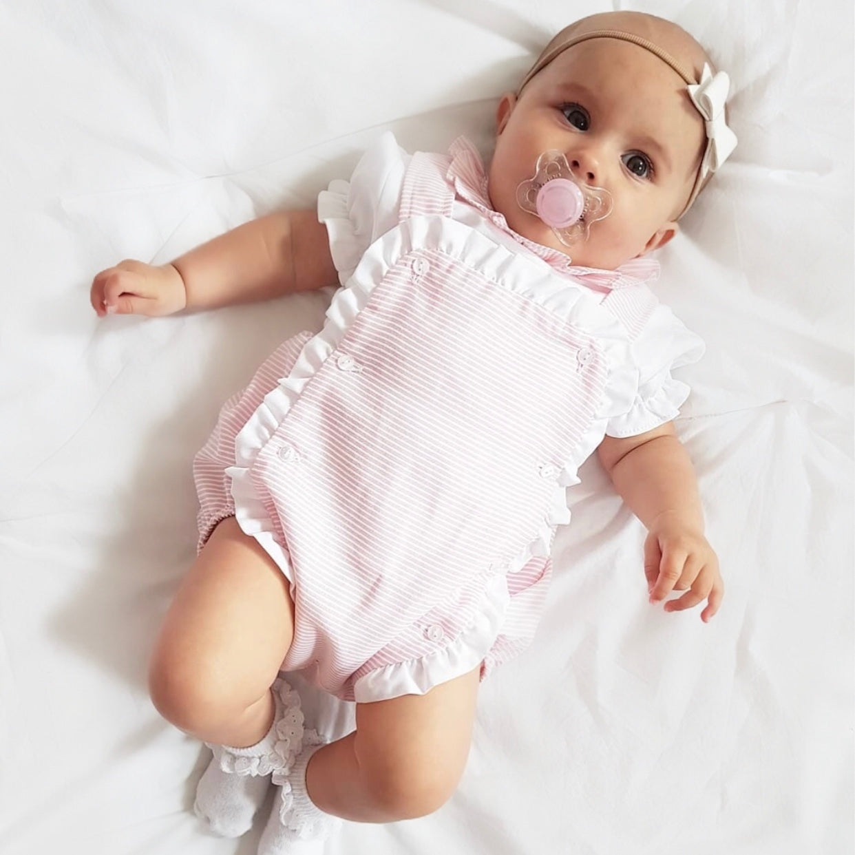 Pink And White Stripe Ruffle Dungaree Outfit - Adelaide - Ruby-Mae Childrenswear
