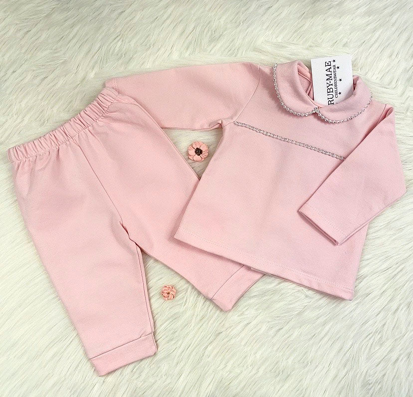 Soft Pink Velour Diamanté  Tracksuit - Harper - Ruby-Mae Childrenswear