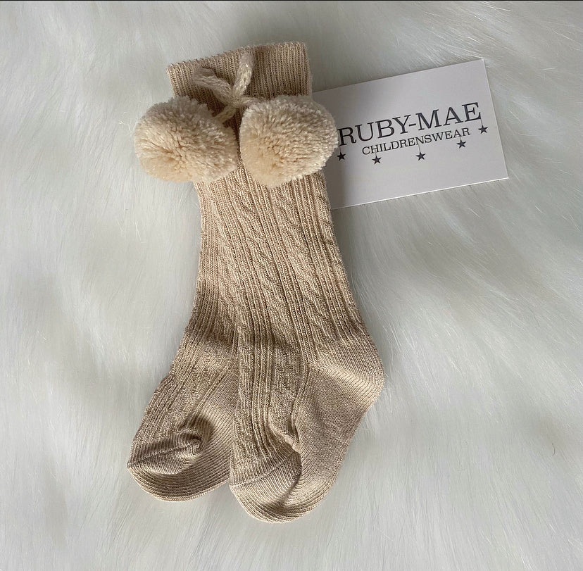 Camel Pom Pom Knee Length Socks - Ruby-Mae Childrenswear