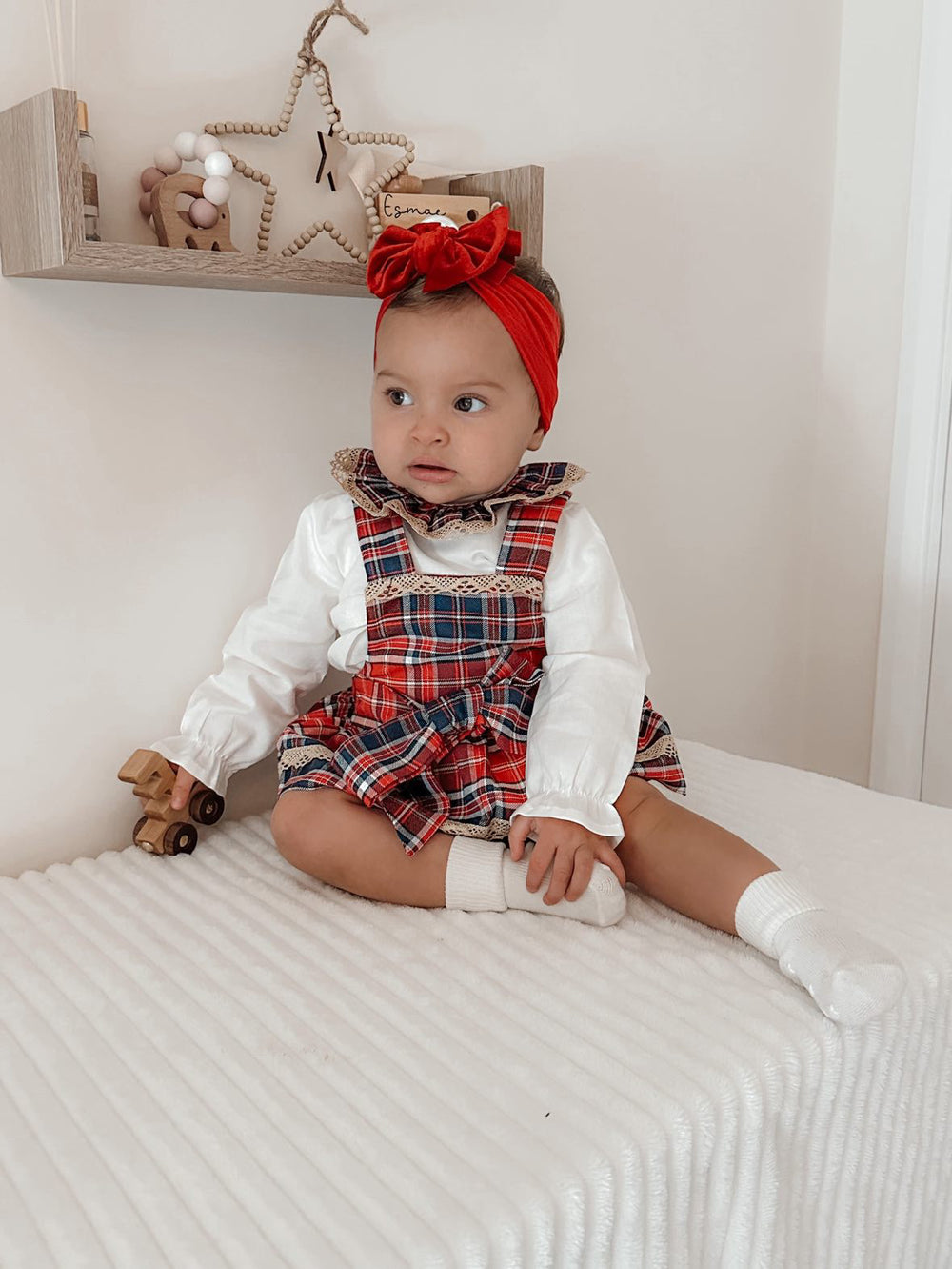 PREMIUM Check Bow Dungaree-Skirt With Matching White Blouse - Ebony