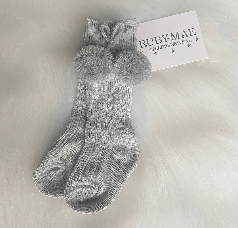Grey Pom Pom Knee Length Socks - Ruby-Mae Childrenswear