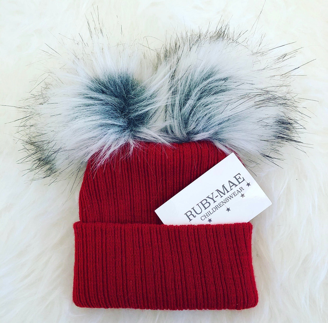 Wine Ribbed Knitted Double Faux Fur Pom Pom Hat - Ruby-Mae Childrenswear
