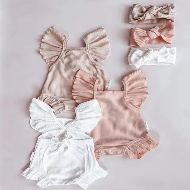
                  
                    Pink Ribbed Frill Romper With Matching Headband - Bella
                  
                