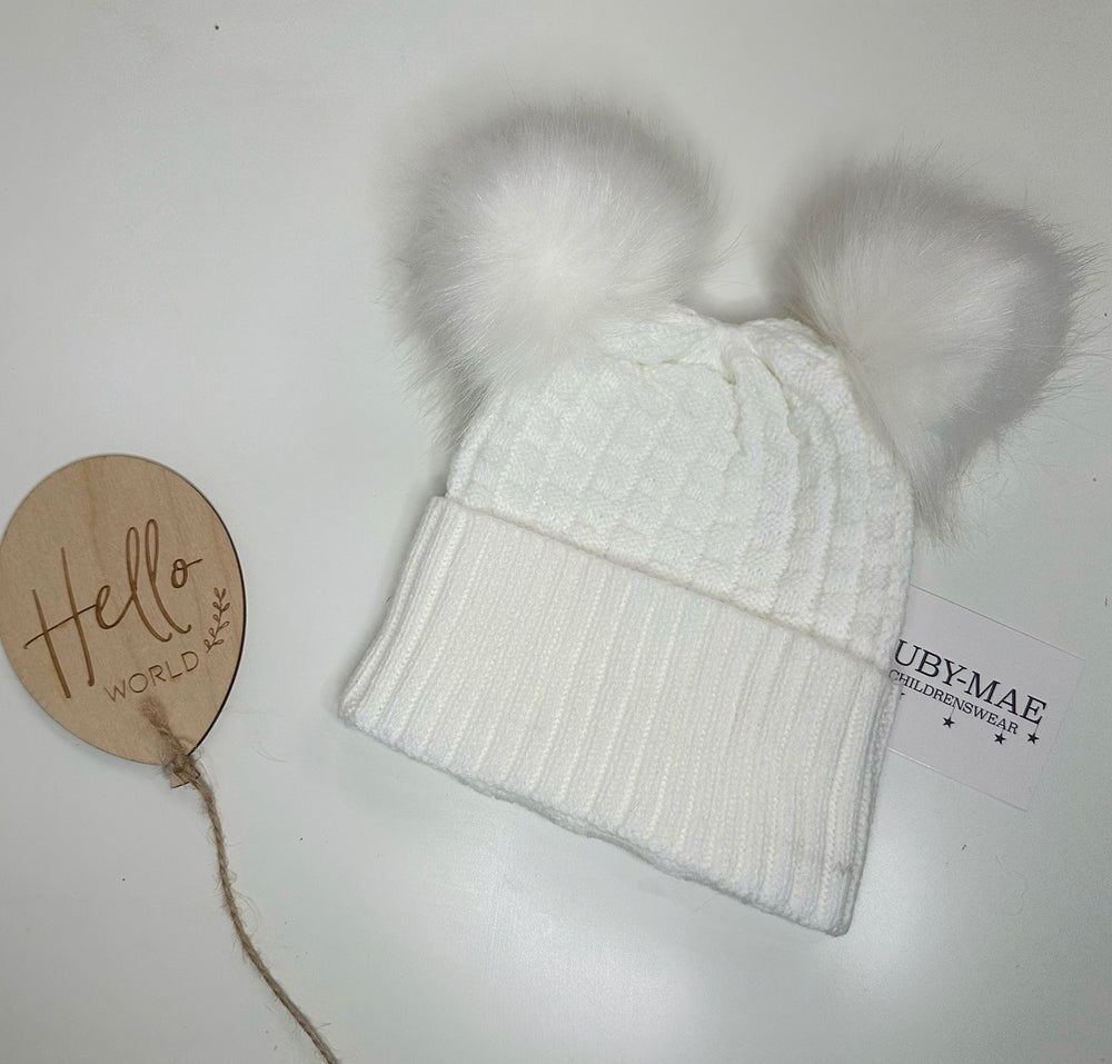 White Cable Double Pom Pom Hat