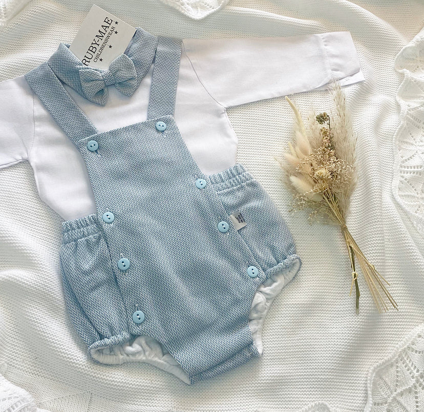 PREMIUM White & Blue Shirt & Shorts Dungaree Outfit - Hugo - Ruby-Mae Childrenswear