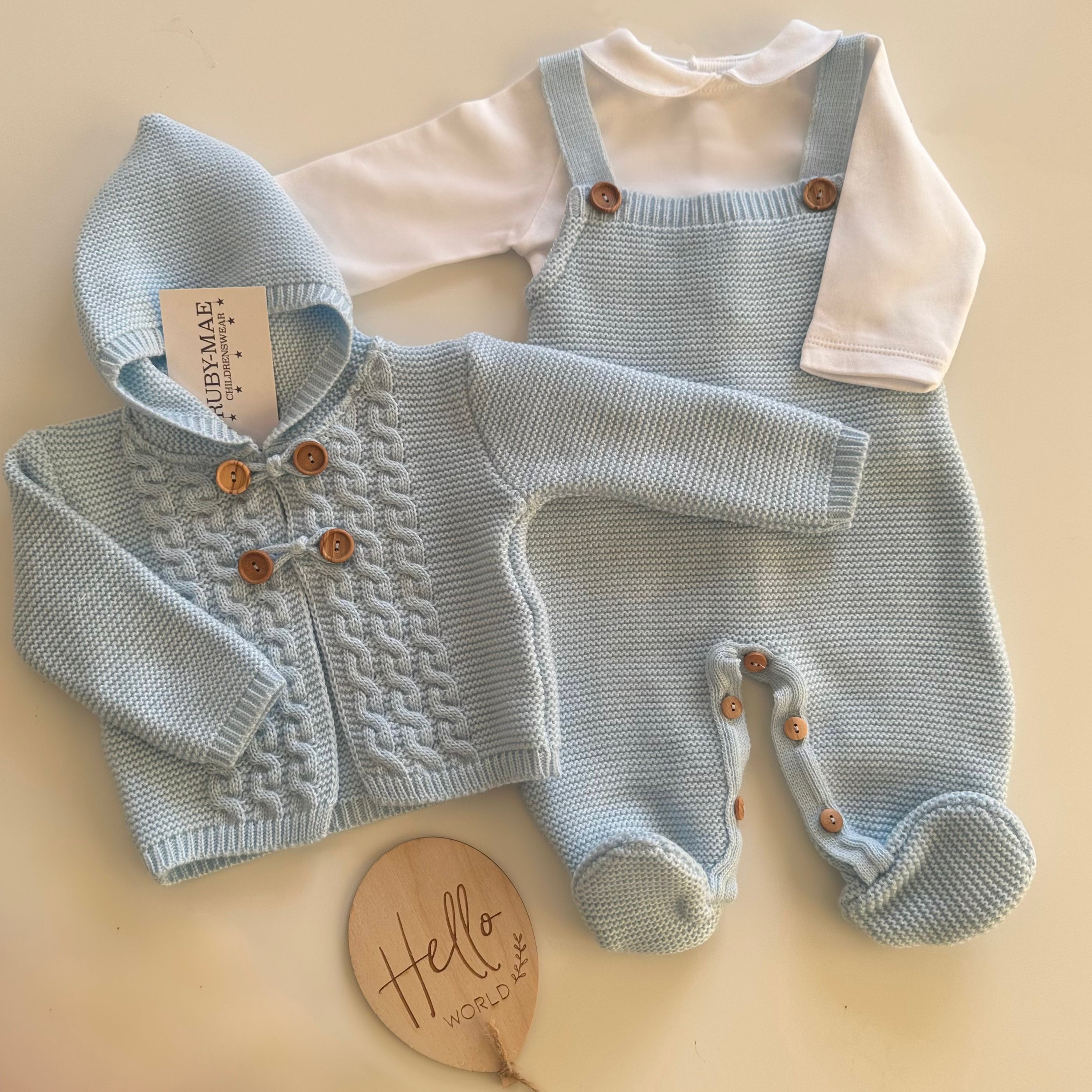 
                  
                    Blue Knitted Long Leg Dungaree With Matching Jacket Outfit Set - Luke
                  
                