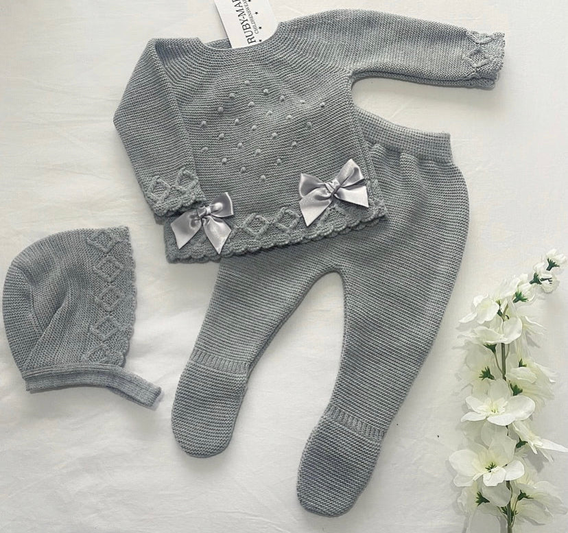 Grey With Bow Front Knitted Three Piece Set - Ruby-Mae Childrenswear