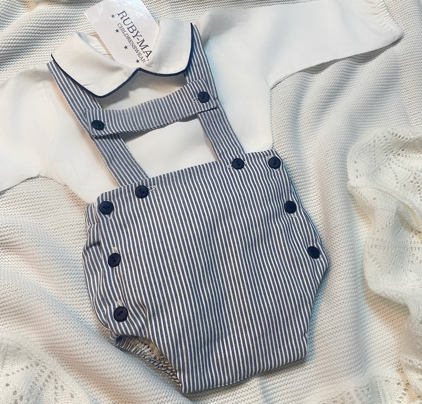 
                  
                    PREMIUM White & Navy Stripe Shirt & H-Bar Dungaree Outfit Set - Harry - Ruby-Mae Childrenswear
                  
                