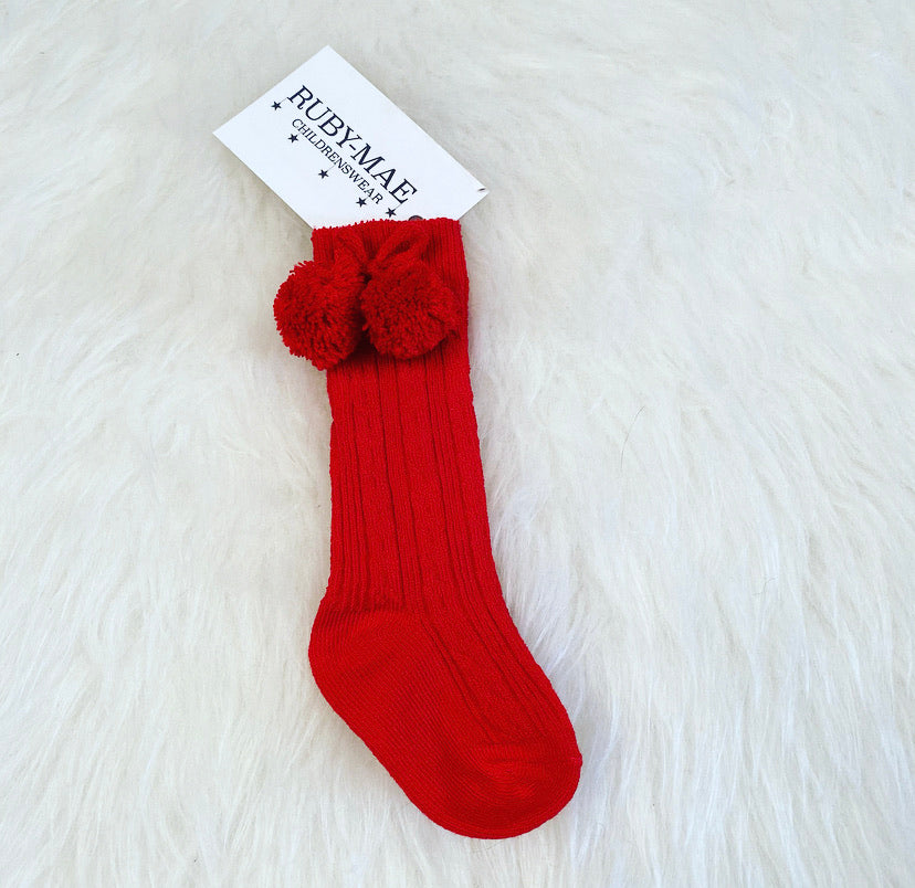 Red Pom Pom Knee Length Socks - Ruby-Mae Childrenswear