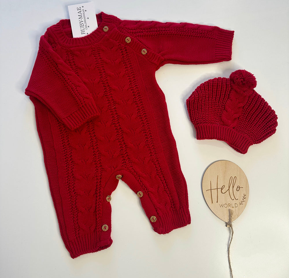 UNISEX Red Knitted Romper With Matching Hat