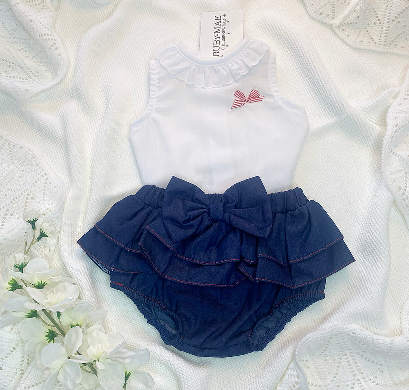 
                  
                    PREMIUM White & Navy Blouse With Matching Skirt Outfit - Chloe - Ruby-Mae Childrenswear
                  
                