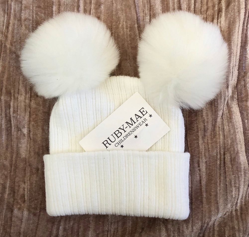 White Ribbed Pom Pom Hat - Ruby-Mae Childrenswear