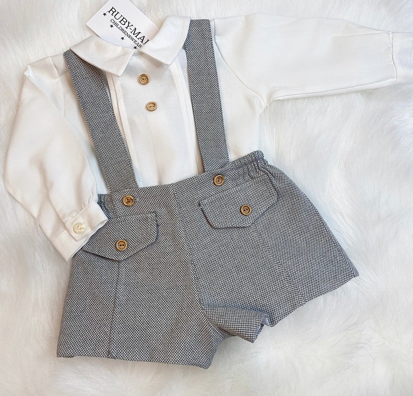 PREMIUM White & Grey H-Bar Dungaree With Shirt Outfit - Ted - Ruby-Mae Childrenswear
